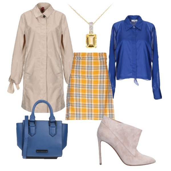 Outfit donna - Quadri. Stile Chic per Ufficio. Abbinamento con gonna, camicia, stivaletti effetto scamosciato con tacco spillo a punta tinta unita, borsa a mano mini con zip interno foderato tinta unita, cappotti, collana.