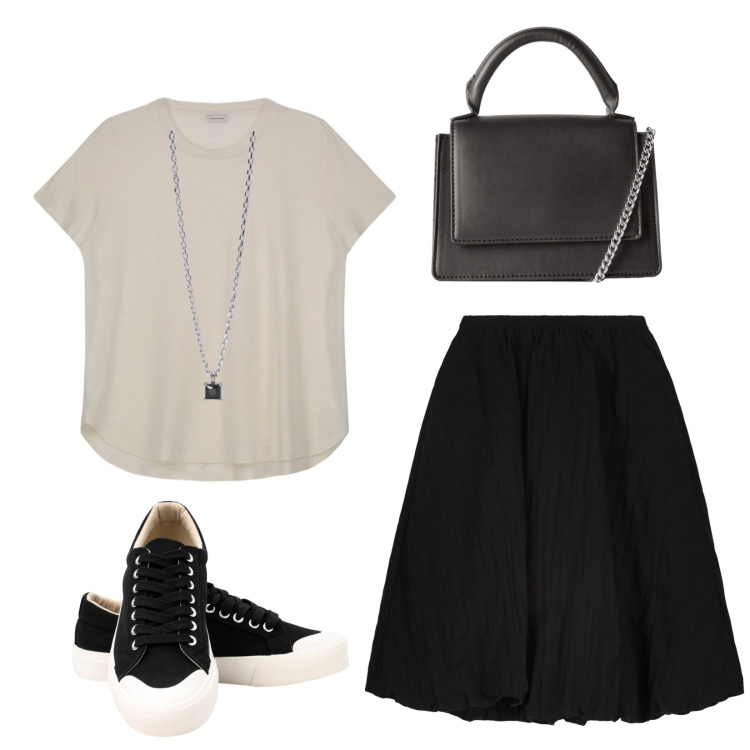Outfit donna - Classici. Stile Preppy per Tutti i giorni. Abbinamento con borse a tracolla, collane, gonne longuette, sneakers, t-shirt.
