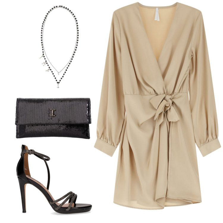 Outfit donna - Wrap dress. Stile Sexy per Serata fuori. Abbinamento con borse a tracolla, collane, vestiti corti, sandali in pelle.
