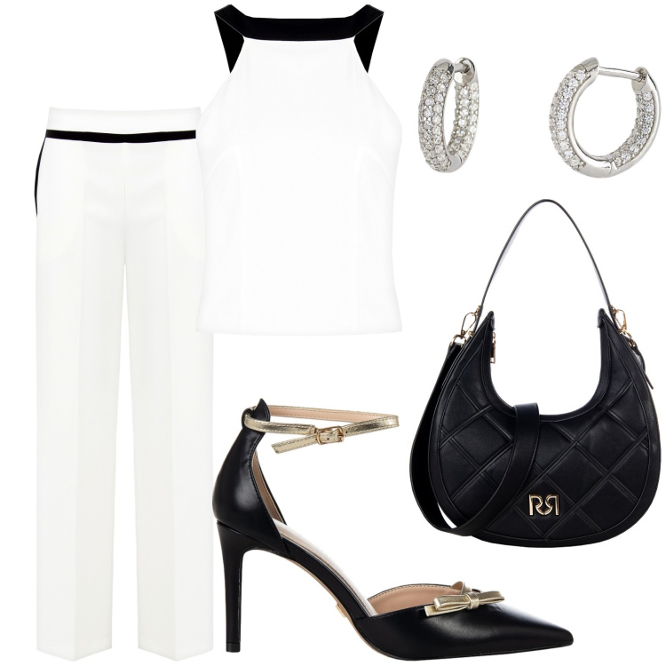 Outfit donna - Black e white. Stile Romantica per Cerimonia. Abbinamento con pantaloni a palazzo, borse a tracolla, décolleté, top, orecchini.