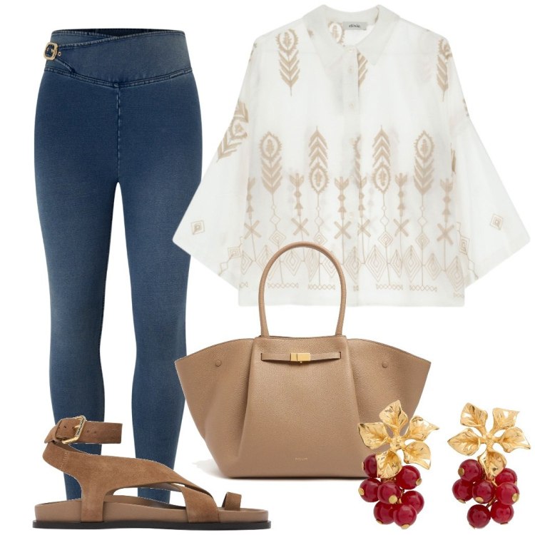 Outfit donna - Total look #2208566. Stile Urban per Tutti i giorni. Abbinamento con jeggings, camicie, sandali in pelle, shopping bag, orecchini.