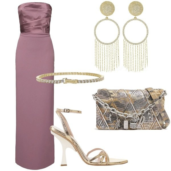 Outfit donna - Matrimonio in vista. Stile Glamour per Cerimonia. Abbinamento con braccialetti, sandali col tacco, vestiti lunghi, orecchini, pochette.