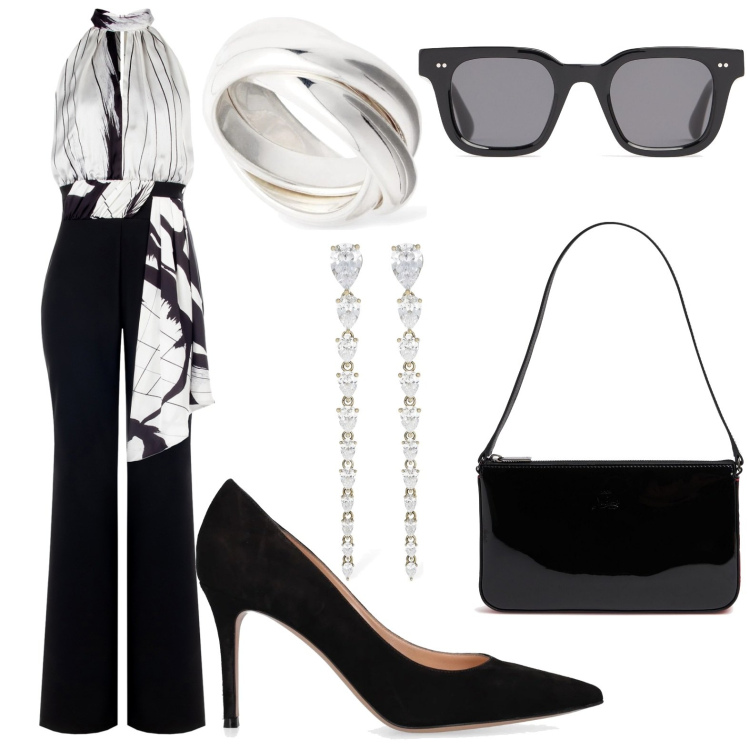 Outfit donna - Elegante in nero. Stile Romantica per Serata fuori. Abbinamento con tute, orecchini, anelli, borse a spalla, occhiali da sole, décolleté.