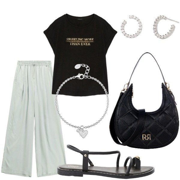 Outfit donna - Le serate di Luglio. Stile Casual per Tutti i giorni. Abbinamento con braccialetti con ciondoli, orecchini, borse a tracolla, sandali, pantaloni, t-shirt.