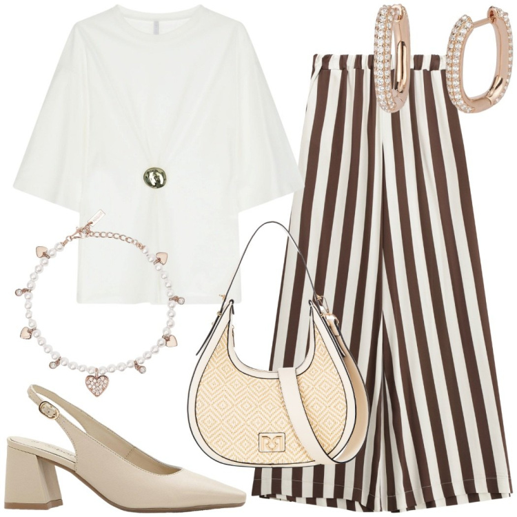 Outfit donna - Panna e cioccolato. Stile Casual chic per Tutti i giorni. Abbinamento con décolleté, braccialetti, orecchini, borse a mano, pantaloni, bluse.