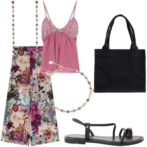 Outfit donna - Serata tra amici. Stile Casual chic per Serata fuori. Abbinamento con orecchini, braccialetti, pantaloni, top, sandali, shopping bag.