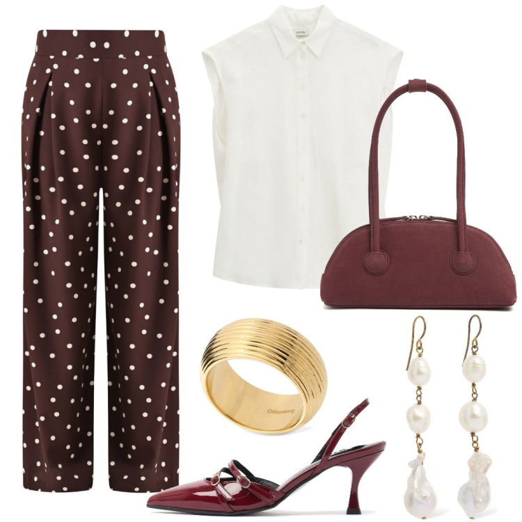 Outfit donna - Marrone a pois. Stile Casual chic per Serata fuori. Abbinamento con pantaloni a palazzo, camicie, anelli, décolleté, orecchini, borse a spalla.