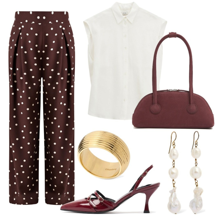 Outfit donna - Marrone a pois. Stile Casual chic per Serata fuori. Abbinamento con pantaloni a palazzo, camicie, anelli, décolleté, orecchini, borse a spalla.