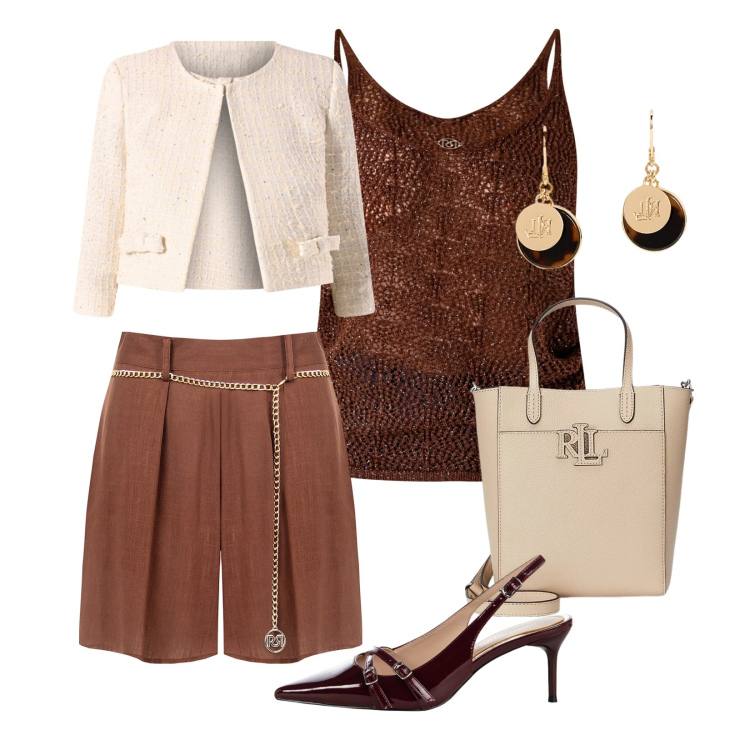 Outfit donna - Festa all\' aperto!. Stile Chic per Serata fuori. Abbinamento con décolleté, shorts, top, blazer, orecchini, borse tote.