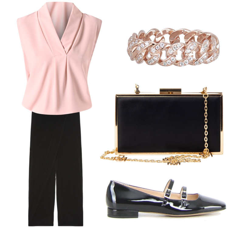 Outfit donna - Aperitivo. Stile Trendy per Tutti i giorni. Abbinamento con anelli, pochette, bluse, pantaloni, ballerine.