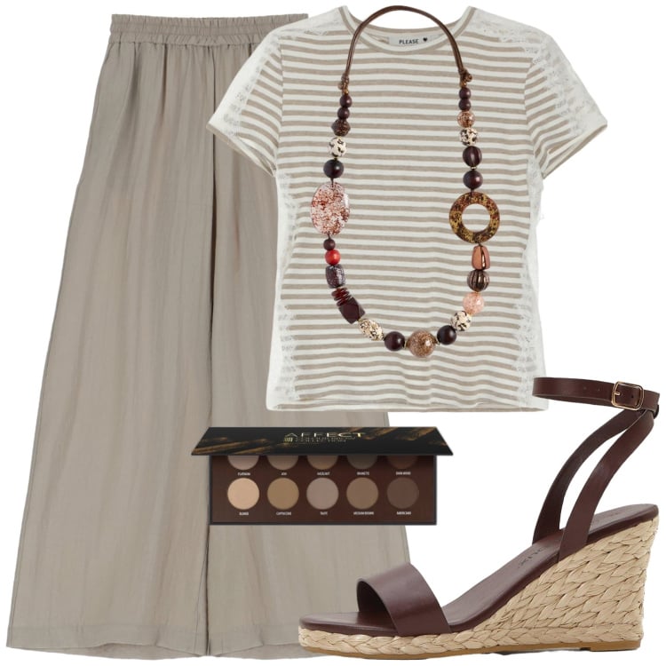 Outfit donna - Zeppa in corda. Stile Minimal per Tutti i giorni. Abbinamento con sandali, eyeliner, pantaloni, t-shirt, collane.