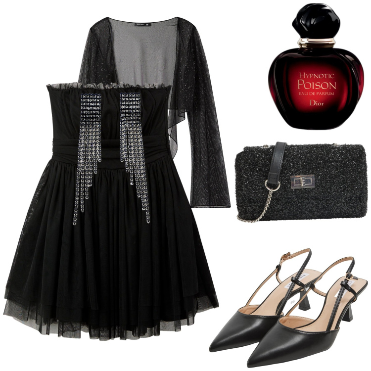 Outfit donna - Noir. Stile Romantica per Serata fuori. Abbinamento con profumi, vestiti corti, sabot, borse a tracolla, bolero, orecchini.