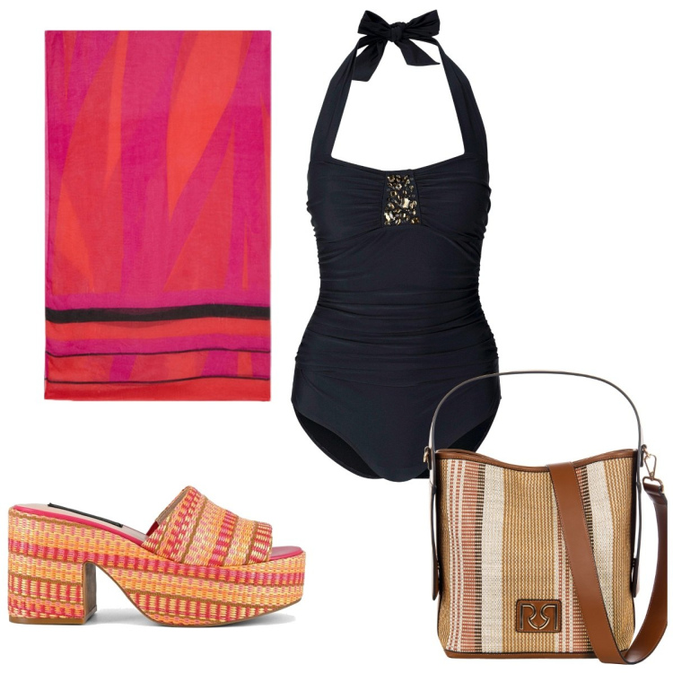 Outfit donna - Outfit da spiaggia curvy. Stile Casual per Mare. Abbinamento con costumi interi, borse a secchiello, zeppe, vestiti da spiaggia.