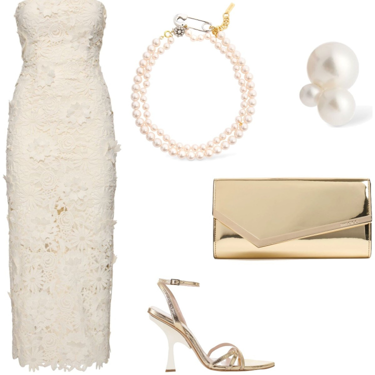 Outfit donna - Bianco e ora per una serata speciale. Stile Chic per Serata fuori. Abbinamento con sandali col tacco, vestiti midi/longuette, pochette, orecchini, collane.