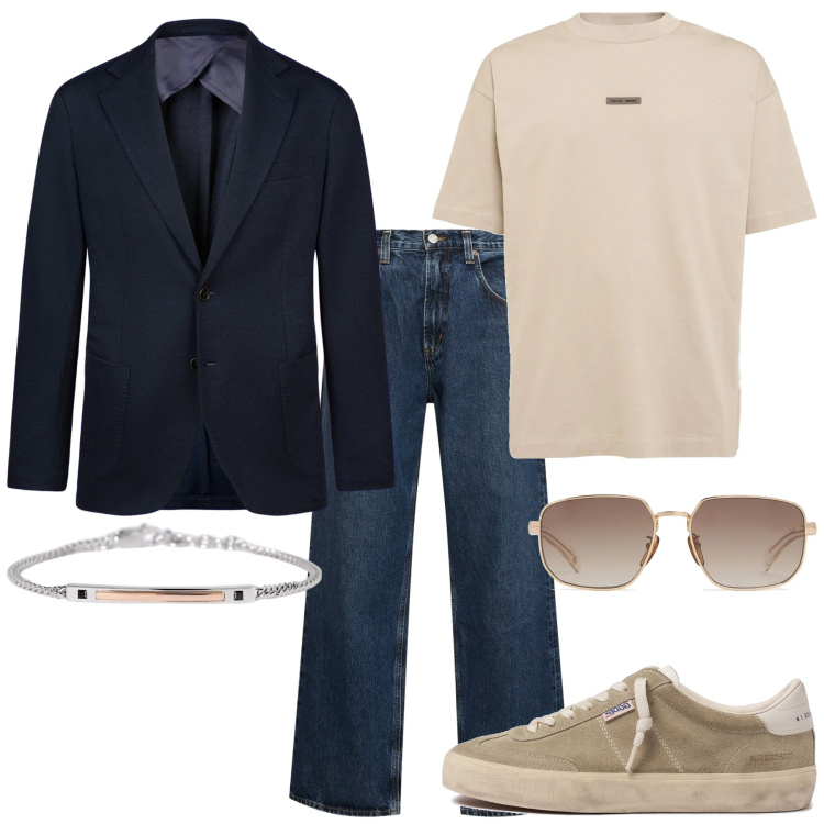 Outfit uomo - Beige. Stile Casual per Serata speciale. Abbinamento con braccialetti, giacche, sneakers, jeans, t-shirt, occhiali da sole.
