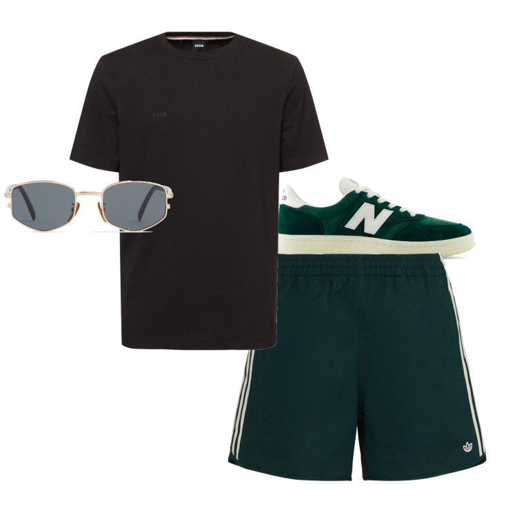 Outfit uomo - Estivo. Stile Casual per Tutti i giorni. Abbinamento con sneakers, t-shirt, shorts, occhiali da sole.