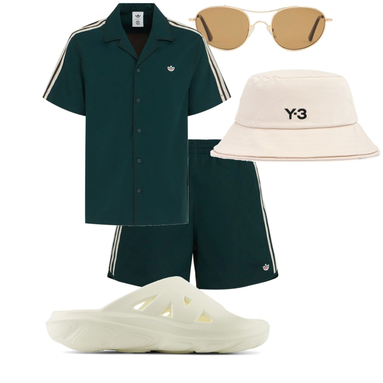 Outfit uomo - Eatate. Stile Casual per Mare. Abbinamento con sandali, occhiali da sole, cappelli, shorts, camicie a manica corta.