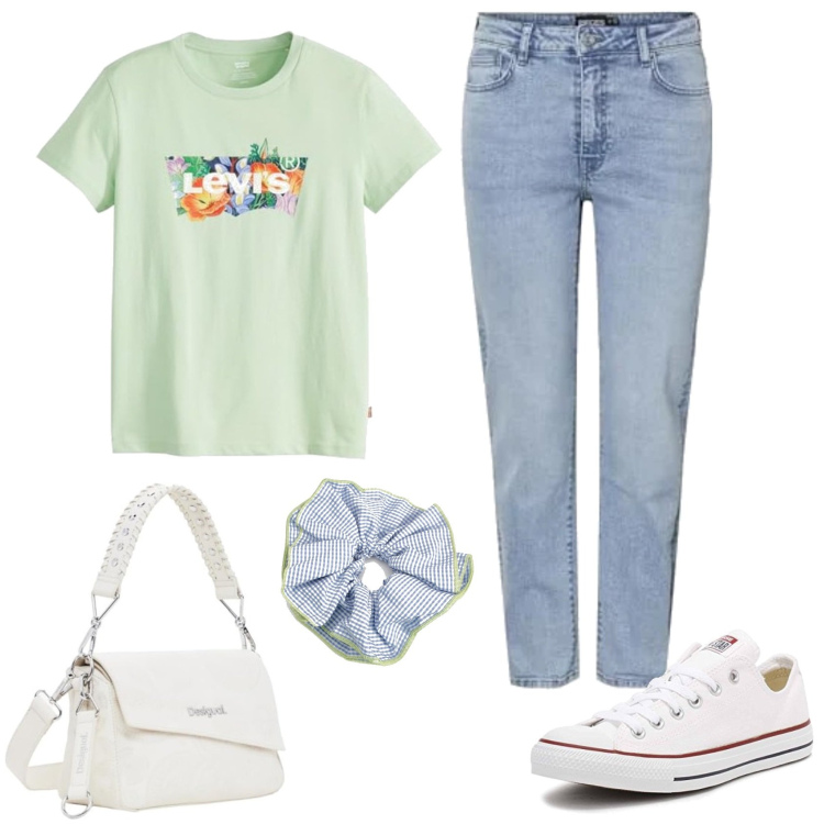 Outfit femme - Basic jean. Style Basique pour Tous les jours. Assortir avec sneakers, jeans, sacs en bandoulière, t-shirts, accessoires pour cheveux.