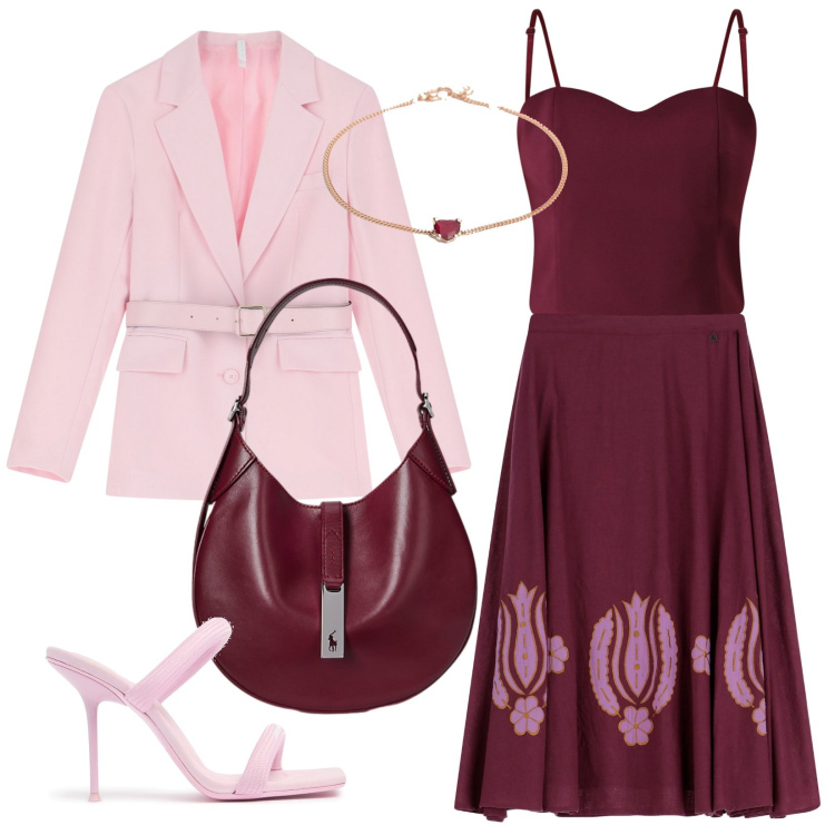 Outfit donna - Evento di luglio. Stile Bon Ton per Cerimonia. Abbinamento con top, blazer, gonne lunghe, borse a spalla, braccialetti, sandali in pelle.