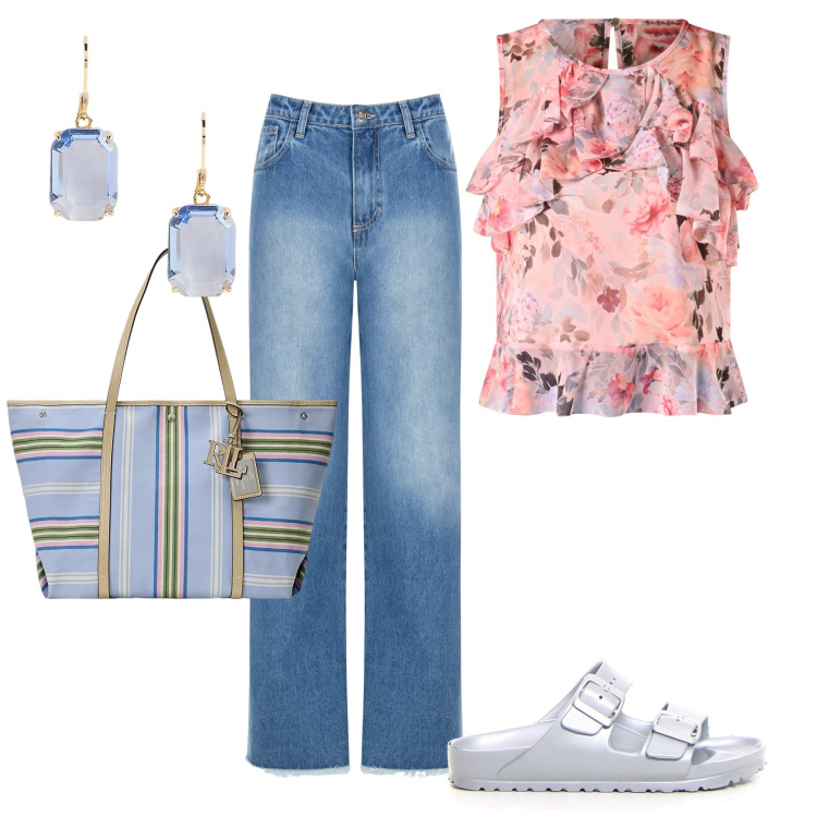 Outfit donna - Everyday. Stile Casual per Tutti i giorni. Abbinamento con top, jeans dritti, orecchini, borse tote, ciabatte.
