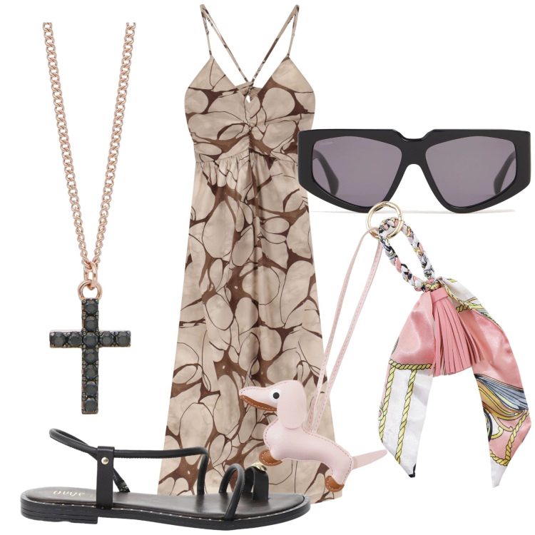 Outfit donna - Ape con amiche. Stile Casual chic per Tutti i giorni. Abbinamento con collane, vestiti lunghi, portachiavi, sandali, occhiali da sole.