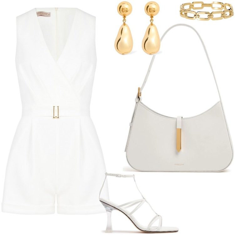Outfit donna - White summer party. Stile Glamour per Serata fuori. Abbinamento con braccialetti, tuta corta, borse a spalla, sandali in pelle, orecchini.