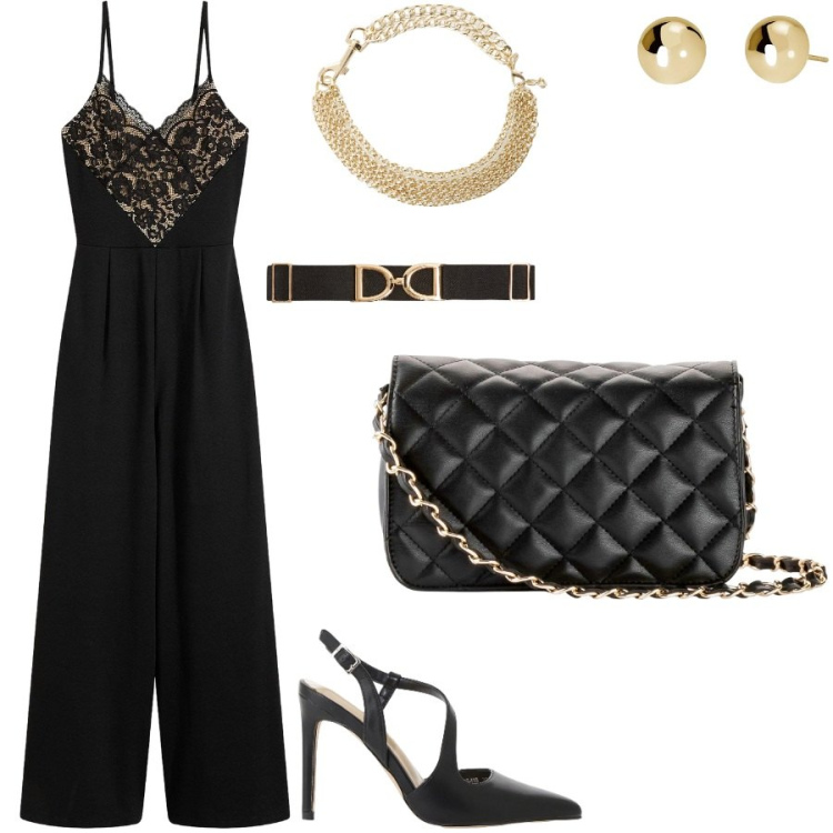 Outfit donna - Cena a lume di candela. Stile Sexy per Serata fuori. Abbinamento con borse a tracolla, tute, cinture, orecchini, décolleté, collane.