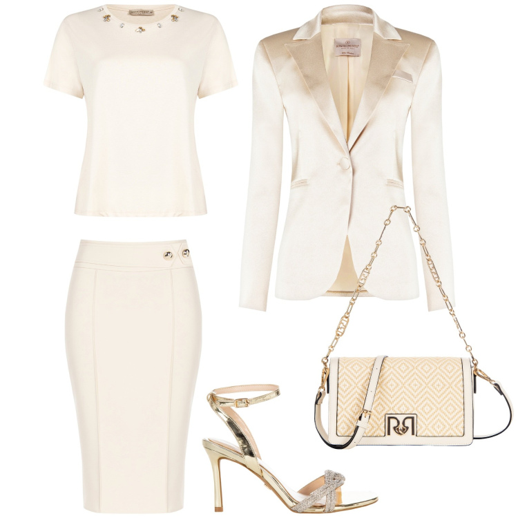 Outfit donna - Total look #2208621. Stile Glamour per Cerimonia. Abbinamento con gonne, t-shirt, borse a tracolla, blazer, sandali col tacco.