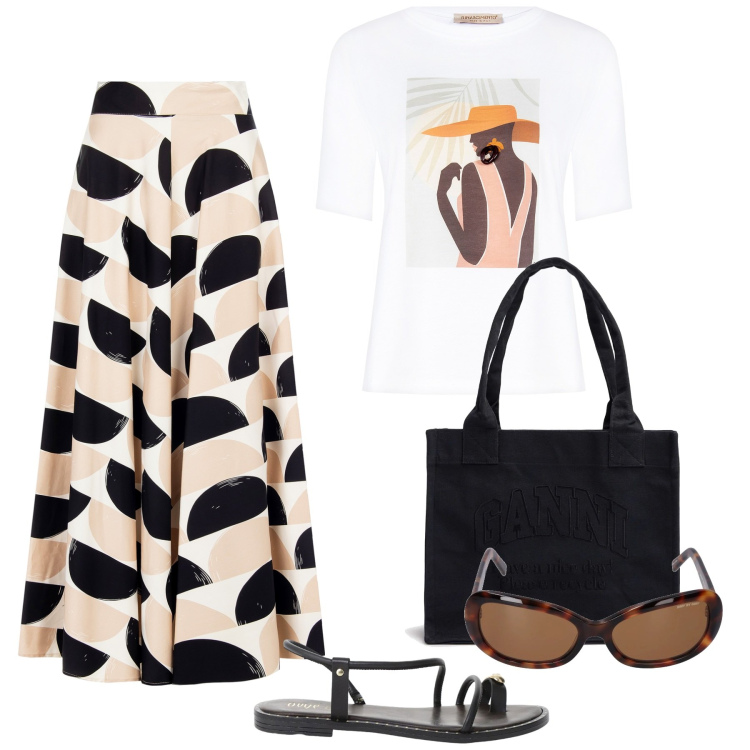 Outfit donna - Total look #2208622. Stile Boho per Mare. Abbinamento con sandali, t-shirt, gonne longuette, occhiali da sole, shopping bag.