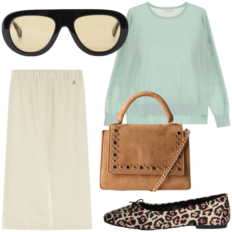 Outfit donna - In ufficio. Stile Urban per Ufficio. Abbinamento con borse a tracolla, ballerine, pullovers, occhiali da sole, gonne.