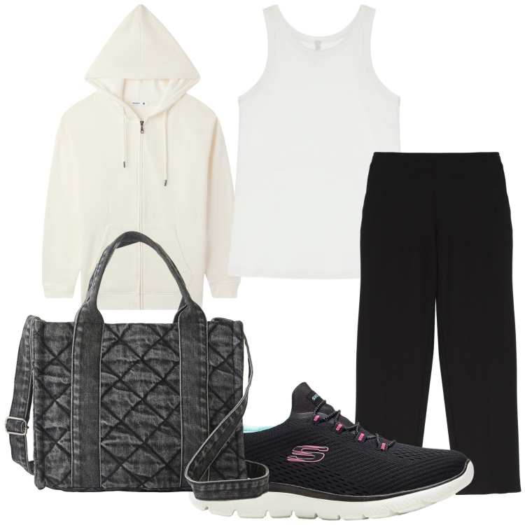 Outfit donna - Commissioni mattutine montane. Stile Basic per Tutti i giorni. Abbinamento con borse a mano, sneakers, felpe con cappuccio, top, pantaloni.