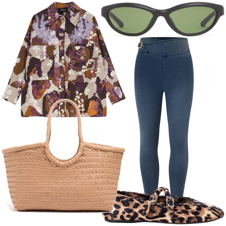 Outfit donna - Pomeriggio di chiacchiere al bar. Stile Urban per Tutti i giorni. Abbinamento con ballerine, jeggings, camicie, shopping bag, occhiali da sole.