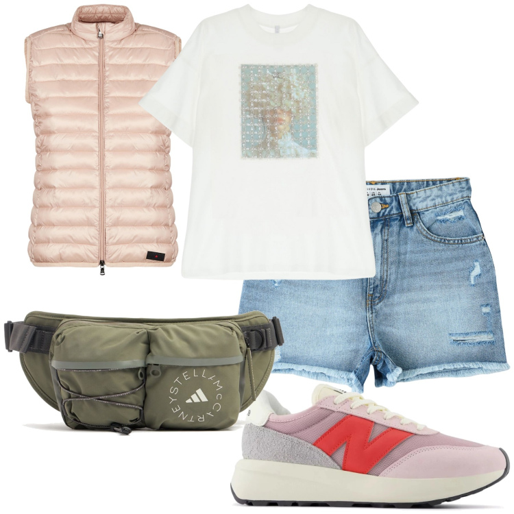 Outfit donna - Camminata di prima mattina. Stile Casual per Tutti i giorni. Abbinamento con shorts, sneakers, t-shirt, piumini, marsupi.