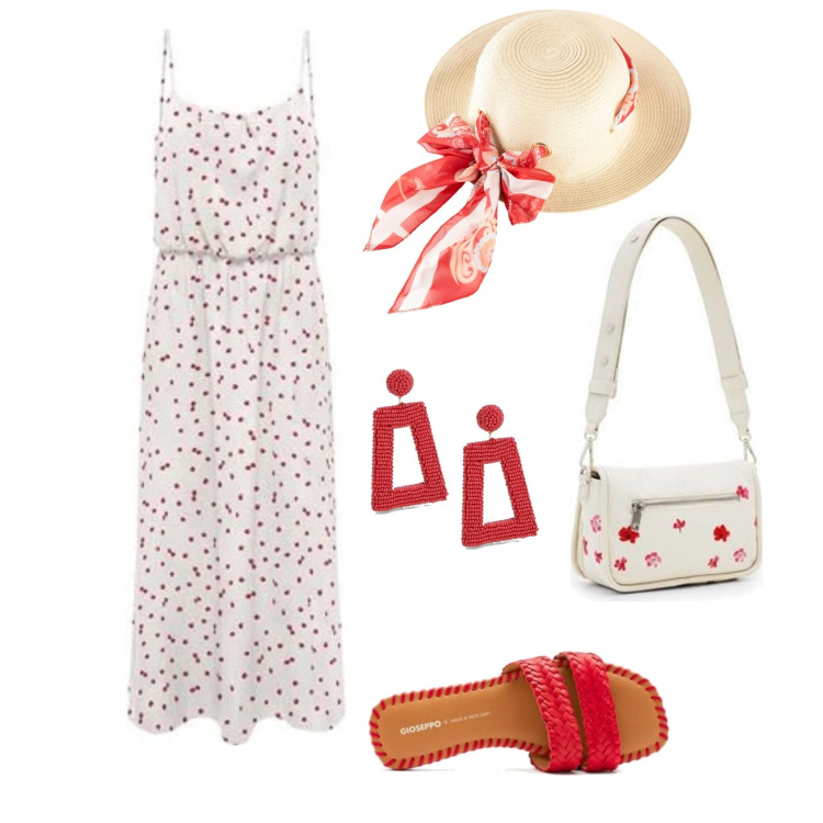 Outfit femme - Rouge sur Blanc. Style Basique pour Tous les jours. Assortir avec chapeaux, sacs en bandoulière, robes longues, sandales, boucles d'oreilles.