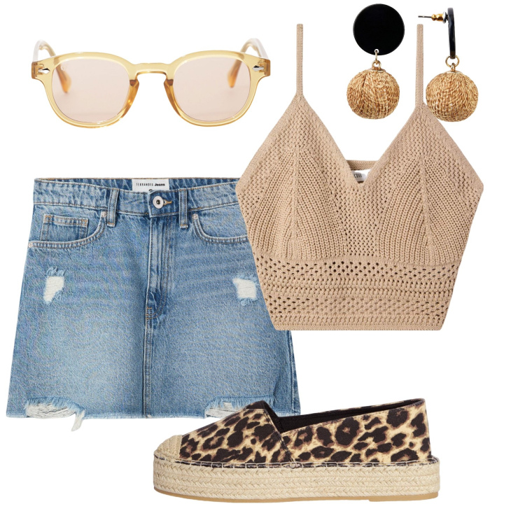 Outfit donna - Un tocco maculato. Stile Casual per Tutti i giorni. Abbinamento con orecchini, top, minigonne, espadrillas, occhiali da sole.