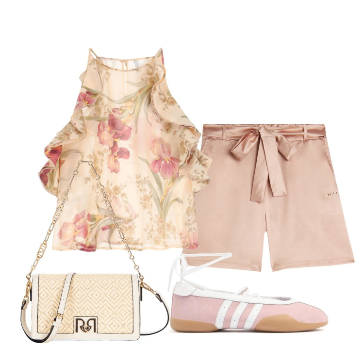 Outfit donna - Serata rosa pesca. Stile Casual chic per Serata fuori. Abbinamento con borse a tracolla, canottiere, shorts, sneakers.