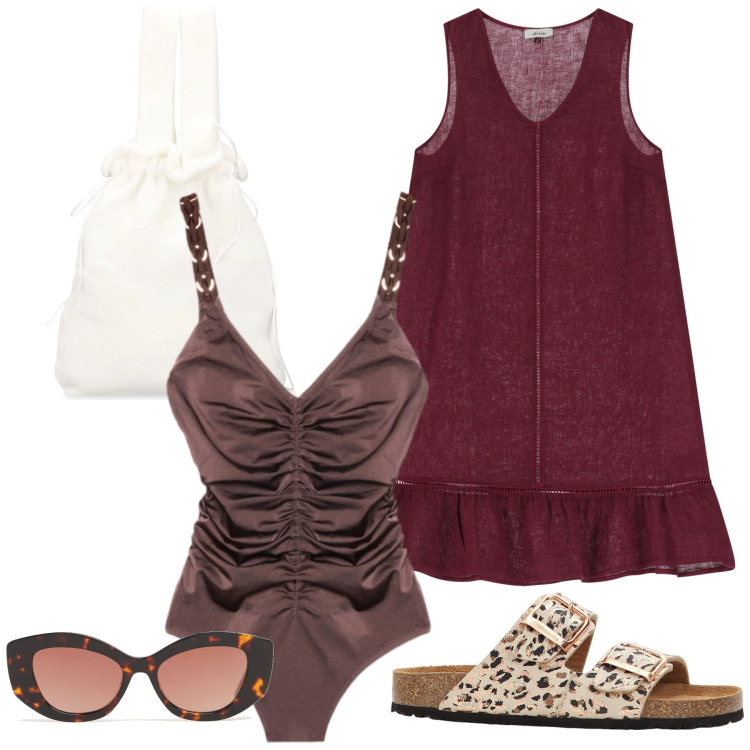 Outfit donna - Il mare di luglio. Stile Casual chic per Mare. Abbinamento con ciabatte, vestiti corti, costumi interi, occhiali da sole, borse a mano.