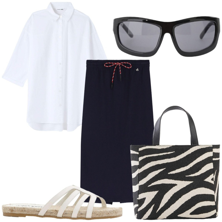 Outfit donna - Total look #2208738. Stile Trendy per Tutti i giorni. Abbinamento con borse a mano, ciabatte, camicie, occhiali da sole, gonne longuette.