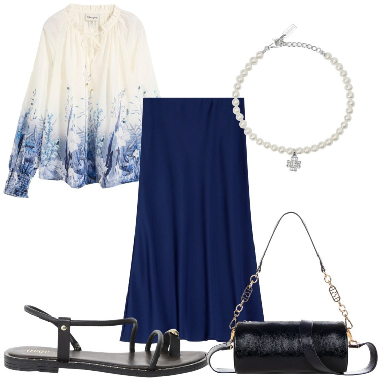 Outfit donna - Total look #2208739. Stile Trendy per Tutti i giorni. Abbinamento con bluse, braccialetti con ciondoli, borse a mano, gonne longuette, sandali.