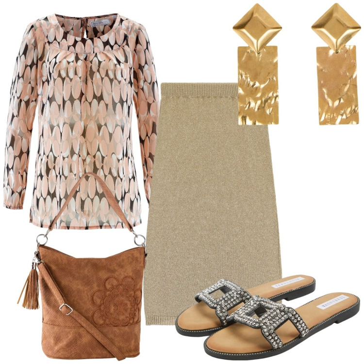 Outfit donna - Total look #2208741. Stile Trendy per Tutti i giorni. Abbinamento con tuniche, borse a mano, ciabatte, gonne longuette, orecchini.