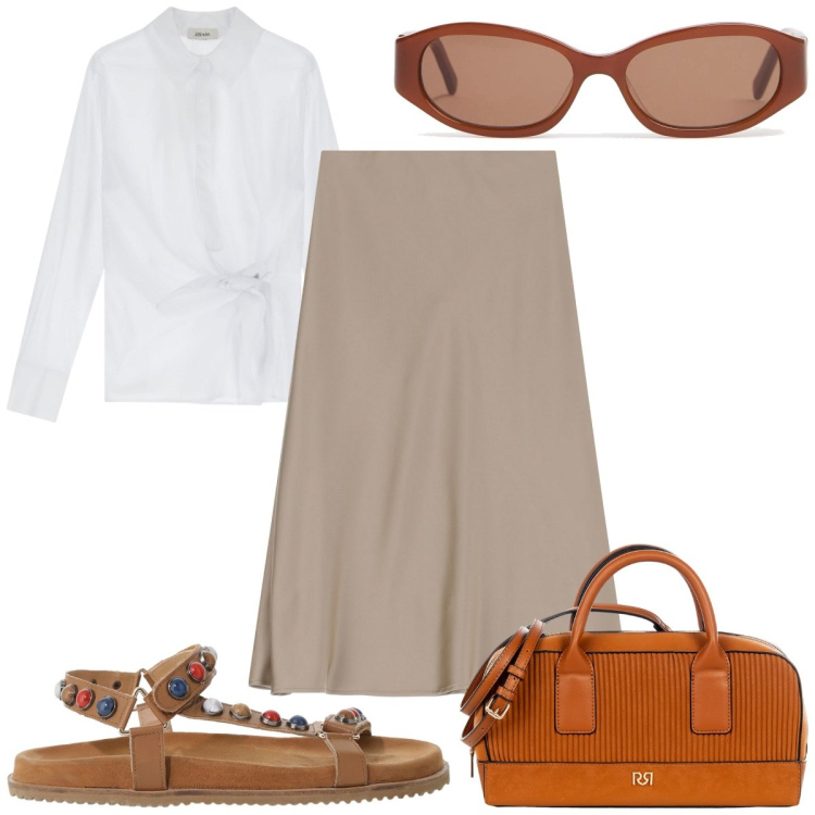 Outfit donna - Total look #2208744. Stile Trendy per Tutti i giorni. Abbinamento con borse a mano, gonne longuette, sandali, camicie, occhiali da sole.