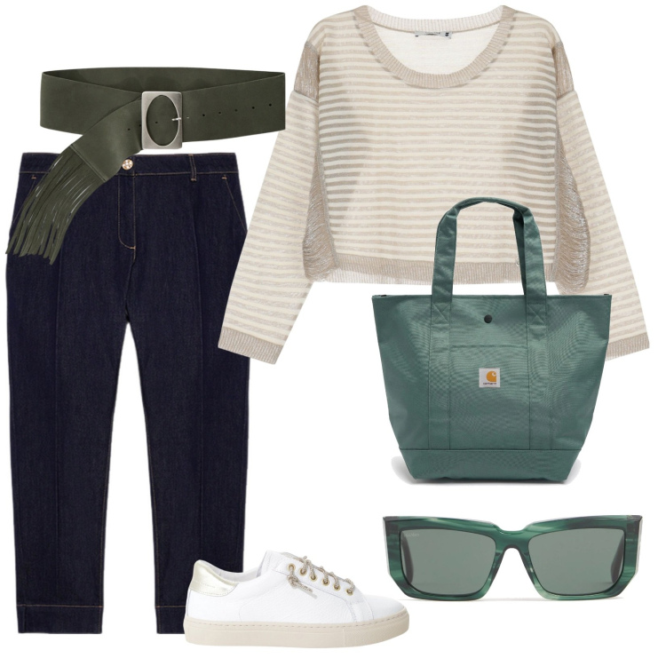 Outfit donna - Si va in montagna. per Tutti i giorni. Abbinamento con sneakers, maglieria, cinture, jeans, occhiali da sole, borse tote.