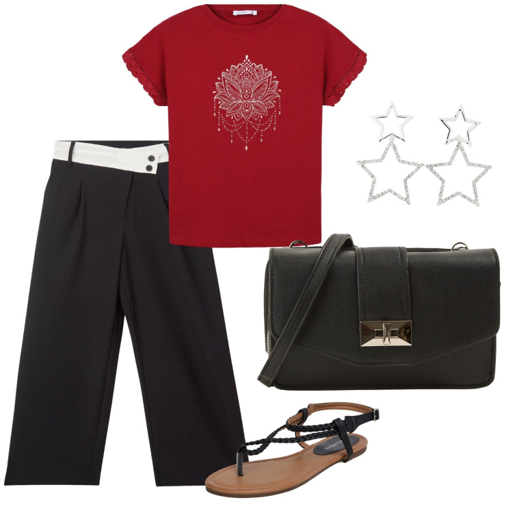 Outfit donna - Tutto terranova. per Serata fuori. Abbinamento con pantaloni, t-shirt, borse a tracolla, orecchini, ciabatte.