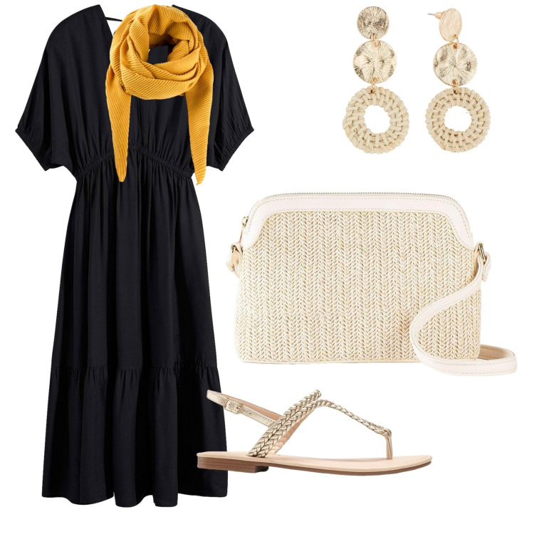 Outfit donna - Serata al tramonto. per Mare. Abbinamento con vestiti midi/longuette, ciabatte, orecchini, borse a tracolla, foulard.