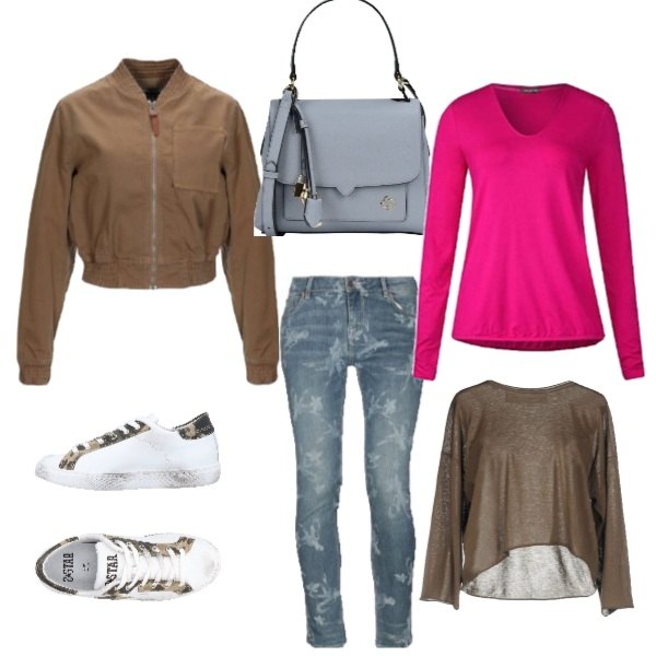 Outfit donna - Vieni con me. Stile Urban per Tutti i giorni. Abbinamento con sneakers tennis, borsa a tracolla, pullover lavorato a maglia collo tondo a maniche lunghe in cotone tinta unita, bomber, jeans slim fit, maglia a maniche lunghe rosa.