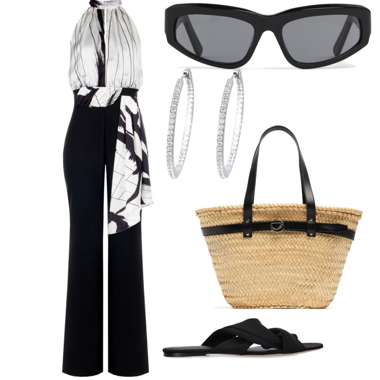 Outfit donna - Una tuta per il giorno. per Tutti i giorni. Abbinamento con orecchini, tute, sandali col tacco, occhiali da sole, shopping bag.