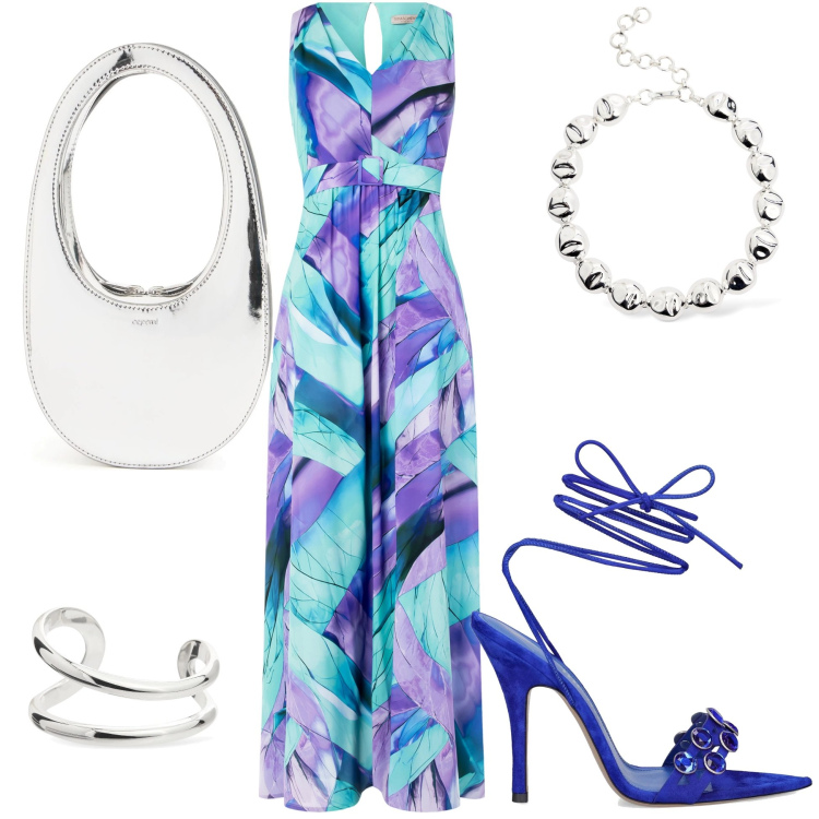 Outfit donna - Sera d\'estate. Stile Chic per Serata fuori. Abbinamento con vestiti lunghi, sandali in pelle, borse a mano, braccialetti, collane.