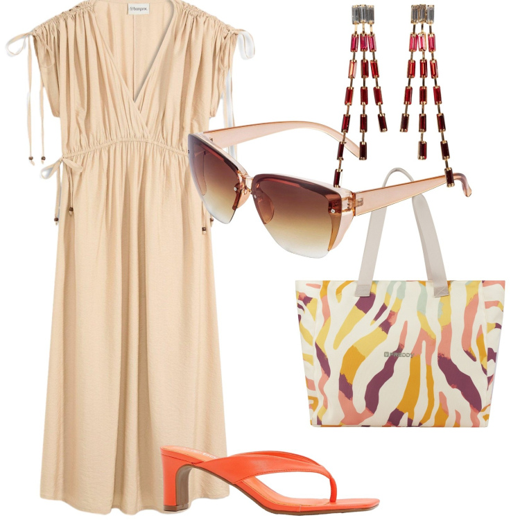 Outfit donna - Spese e spesucce. per Tutti i giorni. Abbinamento con orecchini, occhiali da sole, infradito, vestiti lunghi, shopping bag.