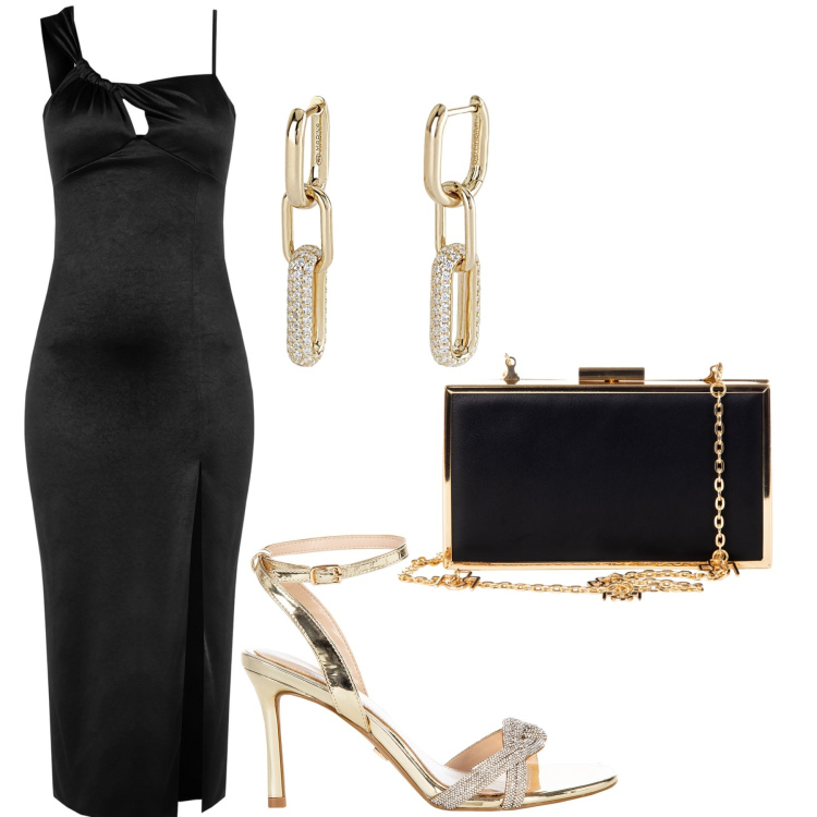 Outfit donna - Metti una sera a cena.... Stile Glamour per Serata fuori. Abbinamento con vestiti, pochette, sandali col tacco, orecchini.