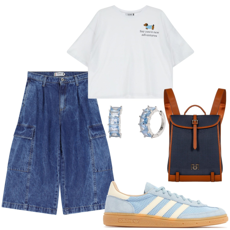 Outfit donna - Streetwear. Stile Casual per Tutti i giorni. Abbinamento con orecchini, zaini, t-shirt, bermuda, sneakers.